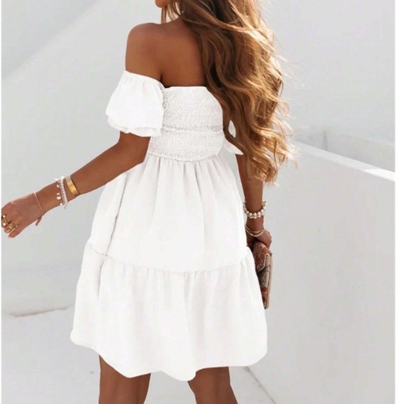 Boho Shirred Puff Sleeve Off Shoulder Mini Dress - Picture 2 of 8